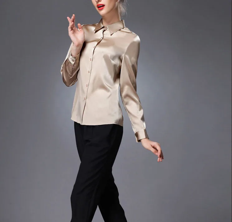 S-3XL Женская Высококачественная шелковая атласная блузка на пуговицах Женская шелковая сатиновая блузка белая черная Золотая Красная атласная блузка с длинным рукавом