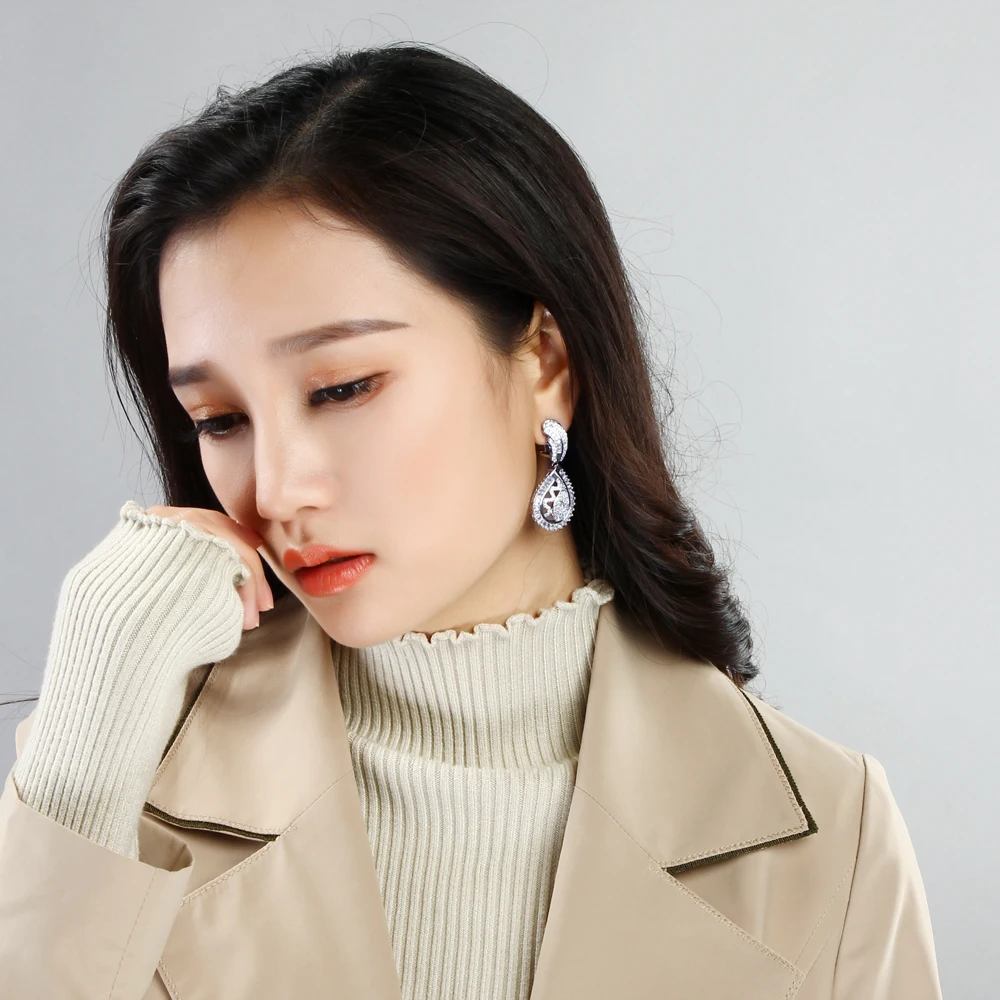 Long drop earrings zircon crystal stones aretes women white dangling earring party Jewelry wedding Accessories