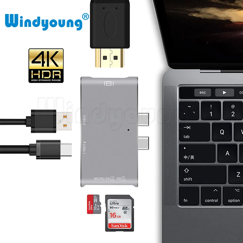  USB C Hub HDMI 4K for MacBook Pro thunderbolt 3 Type C Hub with TF SD Card Reader USB-C Charger Por