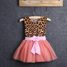 2016 Girls Summer Dress Baby Kids O neck Sleeveless Girls Leopard Printed Bowknot Tutu Dress Tulle