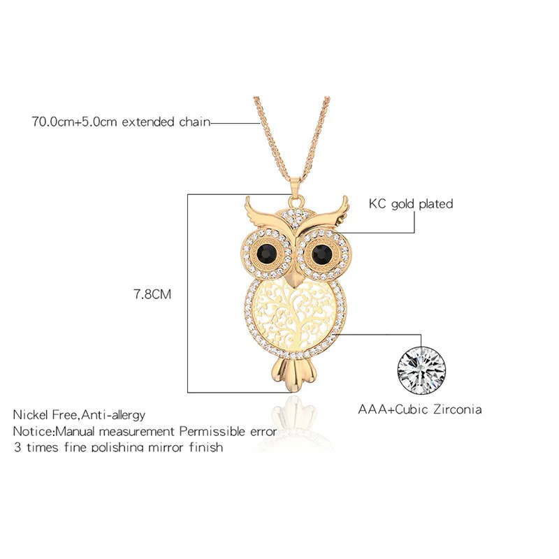 Большая Сова Кристалл ожерелье и кулон для женщин золото серебро животное черный глаз счастливый Сова Кулон Колье Длинные ювелирные изделия