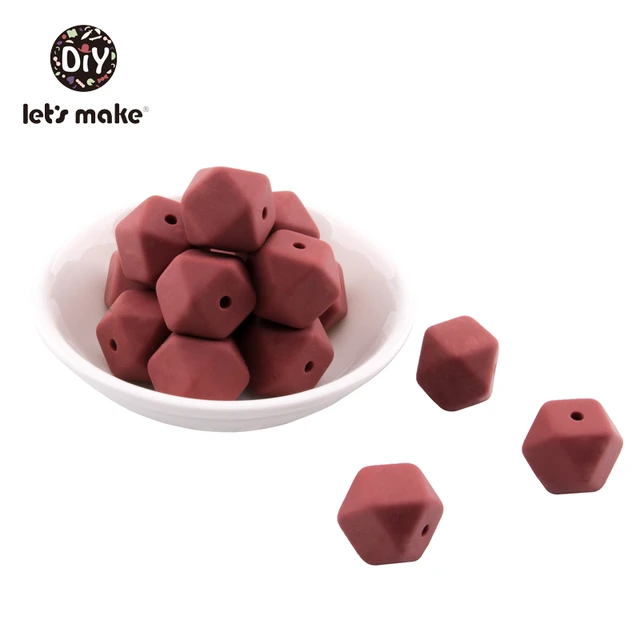 Let's Make Silicone Beads Hexagon Beads 14mm 10pc Food Grade Silicone Teether DIY Pacifier Clips Beads Necklace Baby Teether Brown