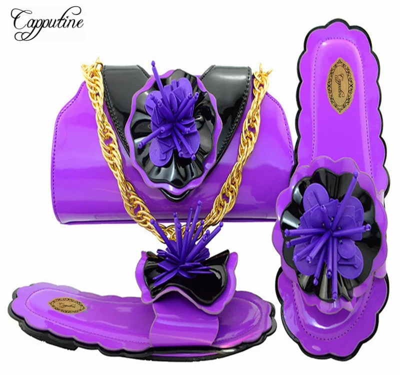 Últimas 2018 oro wine Flores M10534 Bolsas Africanas Tacones royal fuchsia Mujeres Italianos púrpura Juego teal Y Con Negro Blue Bajos Adornados Bolsa Zapatos Capputine zqdwHz