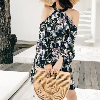 

Sexy Women Dresses Bohemian Hanging Neck Strapless Long Sleeve High Waist Beach Dress 2019 New Fashion Casual Floral Dress Femme