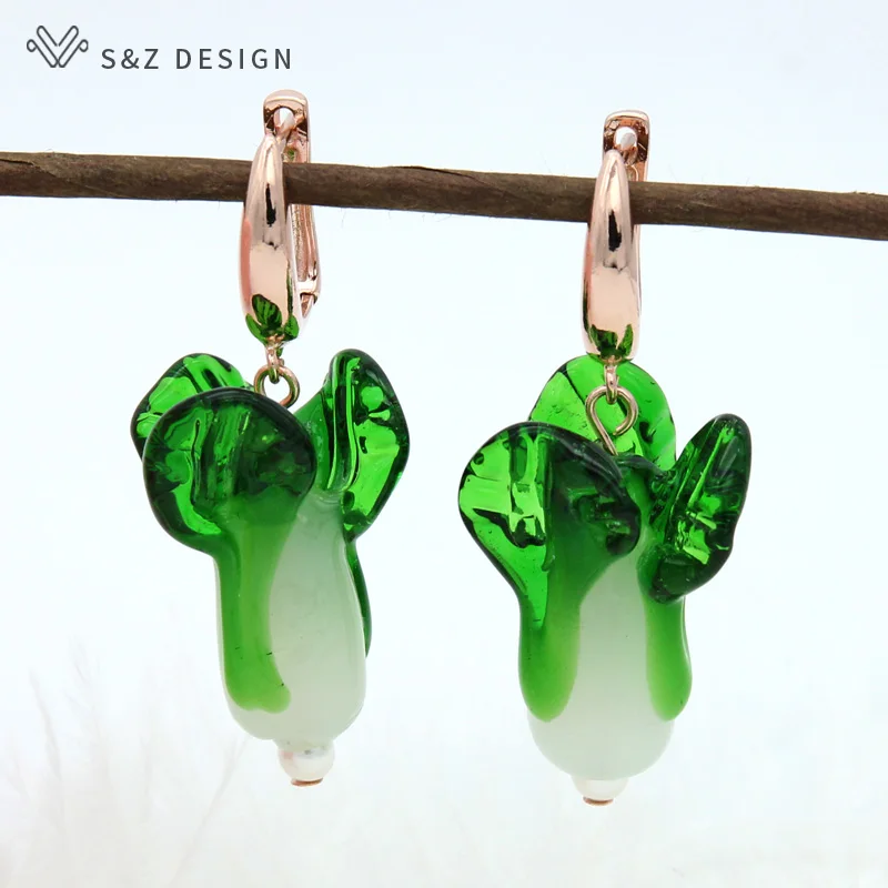S&Z DESIGN New Fashion Cute Vegetables Shape Dangle Earrings Green Coloured Glaze Chinese Cabbage Jewelry For Lady Accessories