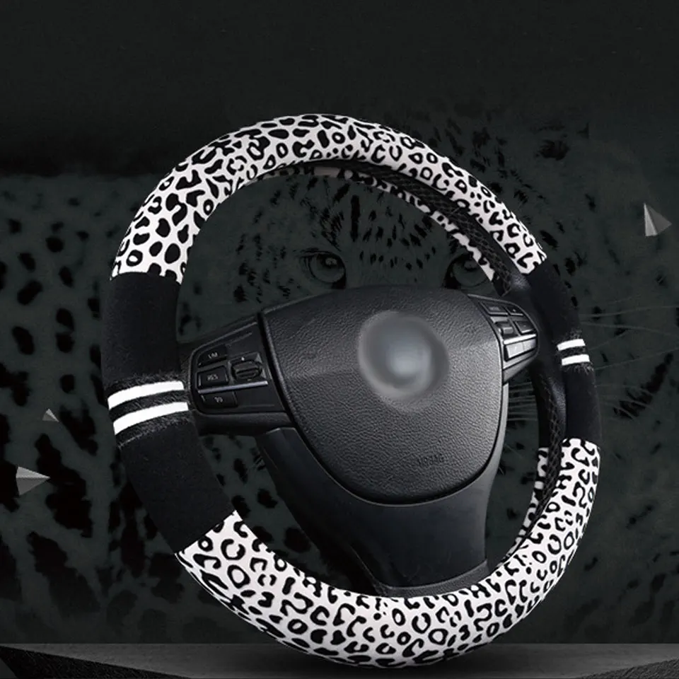 

5 Colors Fashionable Leopard Plush Car Steering Wheel Cover Non-Slip Warm Direction Set SUV Car Decoration Accessories