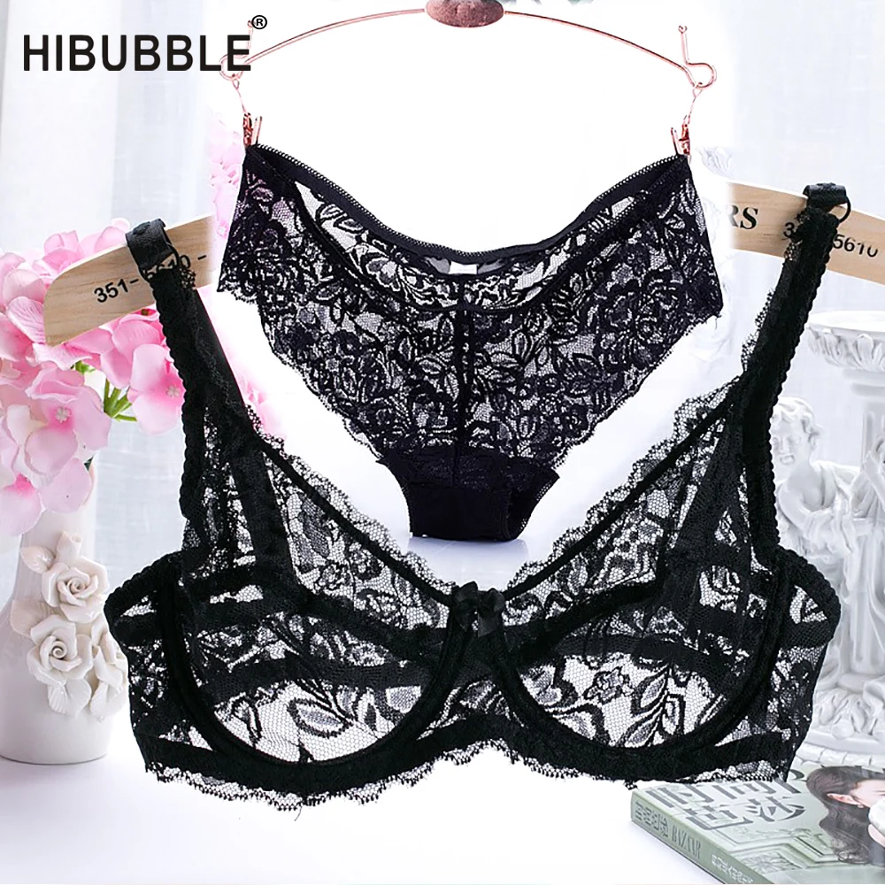 

HIBUBBLE Ultrathin Transparent Bra Set Sexy Lace lingerie set Women Sexy Bra Set Women underwear black embroidery Bow B CUP 2018