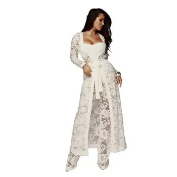 

New Summer Lace Three Piece Sets Women Slim Bodysuit + Medium Long Cardigan + Hollow Wide Leg Pants Suits Woman 3 Pcs Casacos