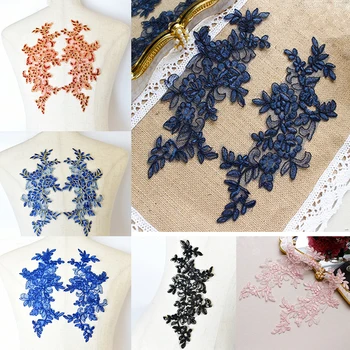 

2Pairs=4Pcs 27*12CM Off-White Red Black Navy Pink Embroidered Lace Applique Sewing Patch For Wedding Costume Dress Decor