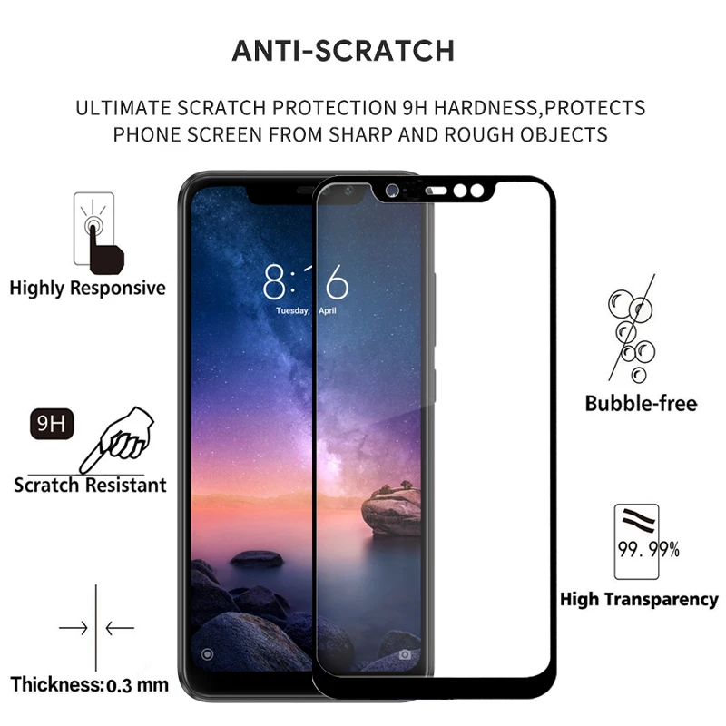 2 шт., полное покрытие, защита экрана, закаленное стекло для XIAOMI REDMI note 6 Pro 6,2", Защитное стекло для REDMI note6 pro, пленочный чехол