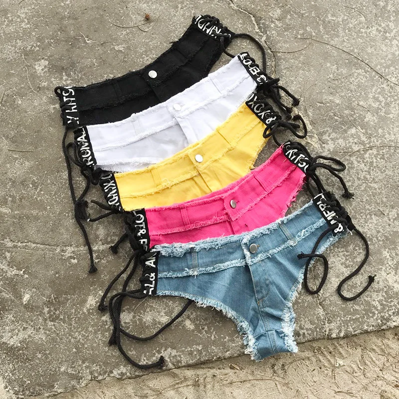

Micro Bikini Short Mujer 2018 New Spring Summer Mini Short Sexy Denim Thong Shorts with Low Waist Night Clubwear Hollow Out Blue