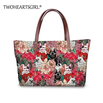 

TWOHEARTSGIRL Neoprene Floral Bulldog Print Women Tote Bag Ladies Casual Shoulder Bag Teenager Girls Tote Bag Female Handbags