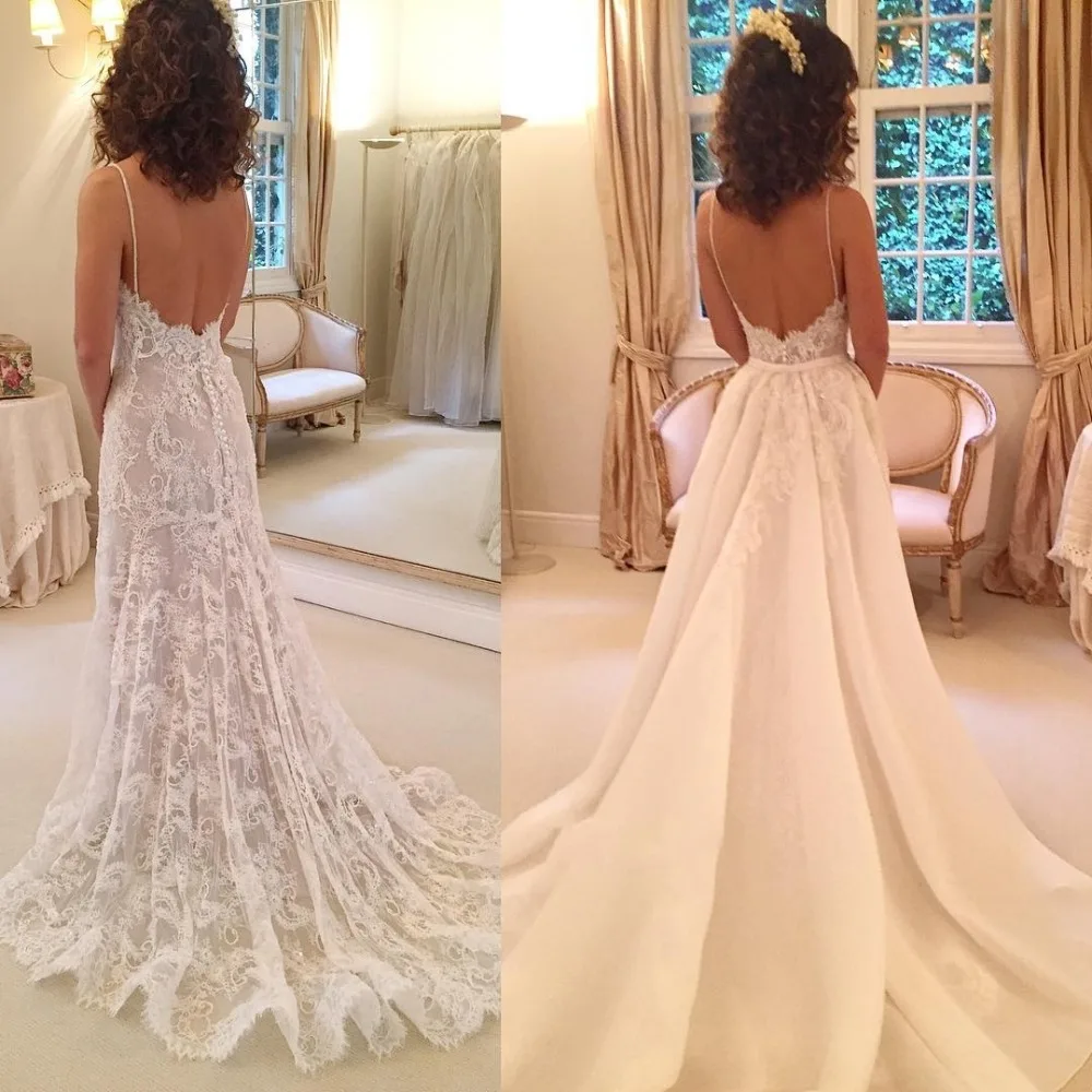 Backless Sexy Sheath Spaghetti-Straps Appliques Wedding Dresses