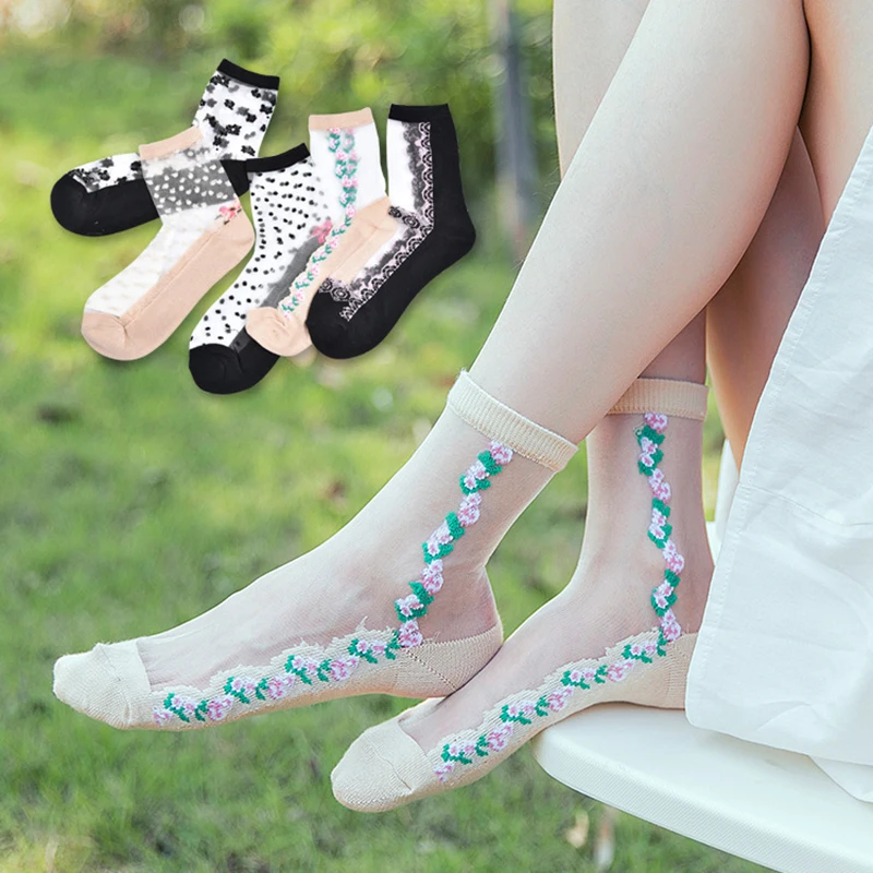 Новые Прозрачные шелковые носки с цветочным рисунком, летние, Осенние, Зимние Повседневные хлопковые носки высокого качества, женские модные носки с цветочным рисунком