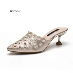 Koovan/Для женщин сандалии 2018 новая обувь Тапочки женские летние выдолбленные Прохладный с Мода Туалетная половина тапочки на высоком каблуке