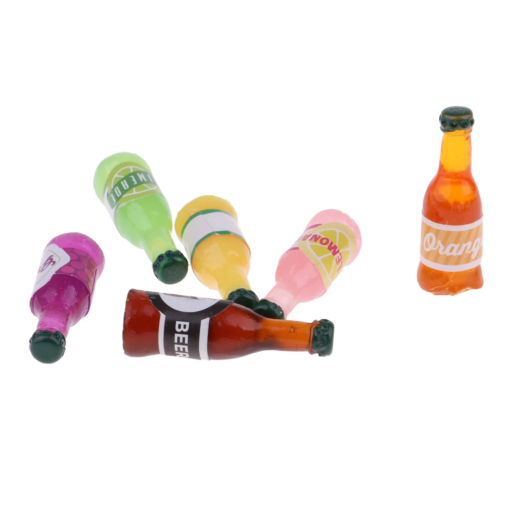 6pcs 1/12 Dollhouse Miniature Dining Room Food Accessories Resin Soft Drink Bottles