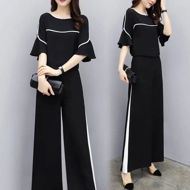 

Summer women's wide-legged suit Pant Suits 2 Piece Sets Chiffon Shirt & Wide leg pants Trousers Suit for Women Set Female