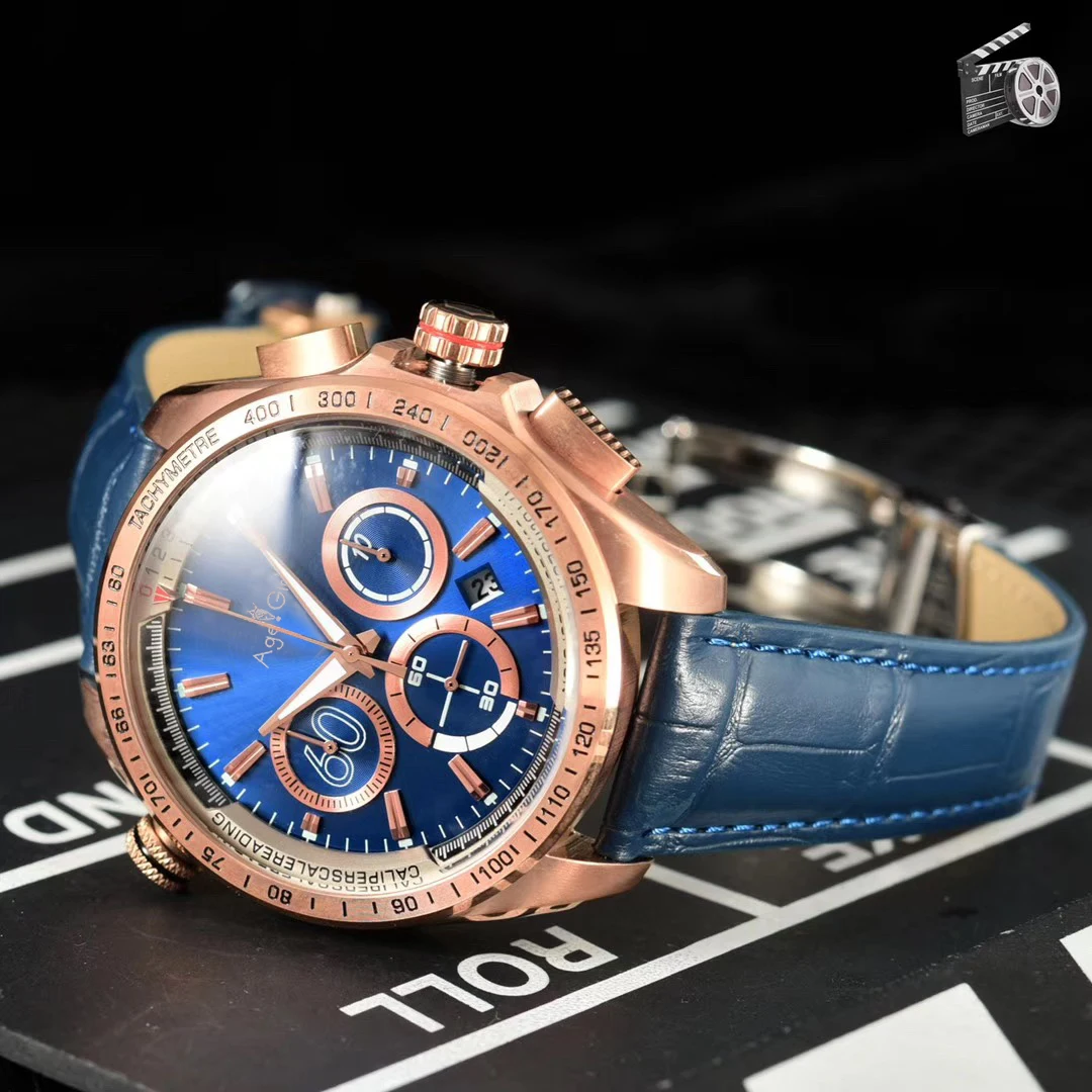 

Luxury Brand New Men Chronograph Rose Gold Coffee Blue Black Leather Stainless Steel Watch Luminous Sport Stopwatch AAA+
