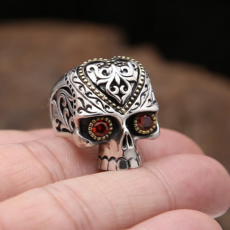 925 Sterling Silver & Brass Gothic Sugar Skull Skeleton Zirconia Ring