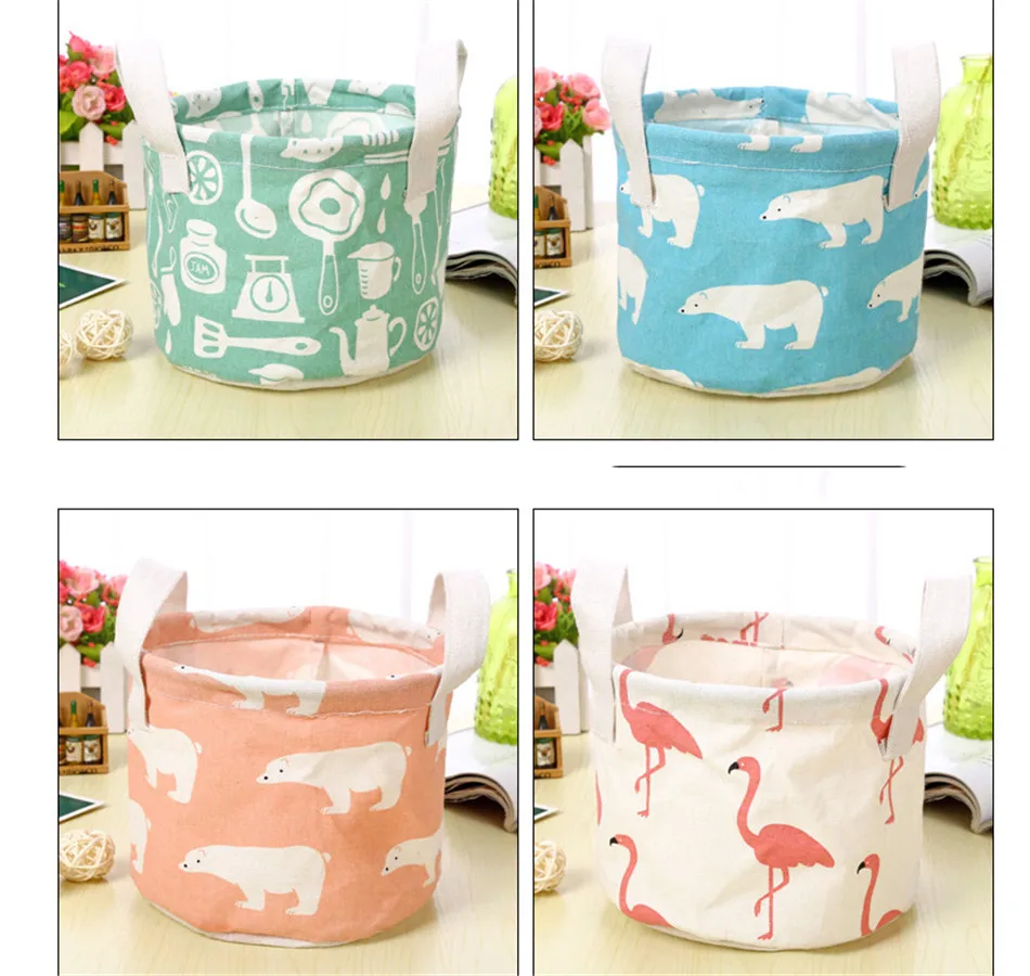 Cute Printing Cotton Linen Desktop Round Storage Organizer Sundries Box Cabinet Underwear Jewelry Cosmetic Stationery Basket (3)