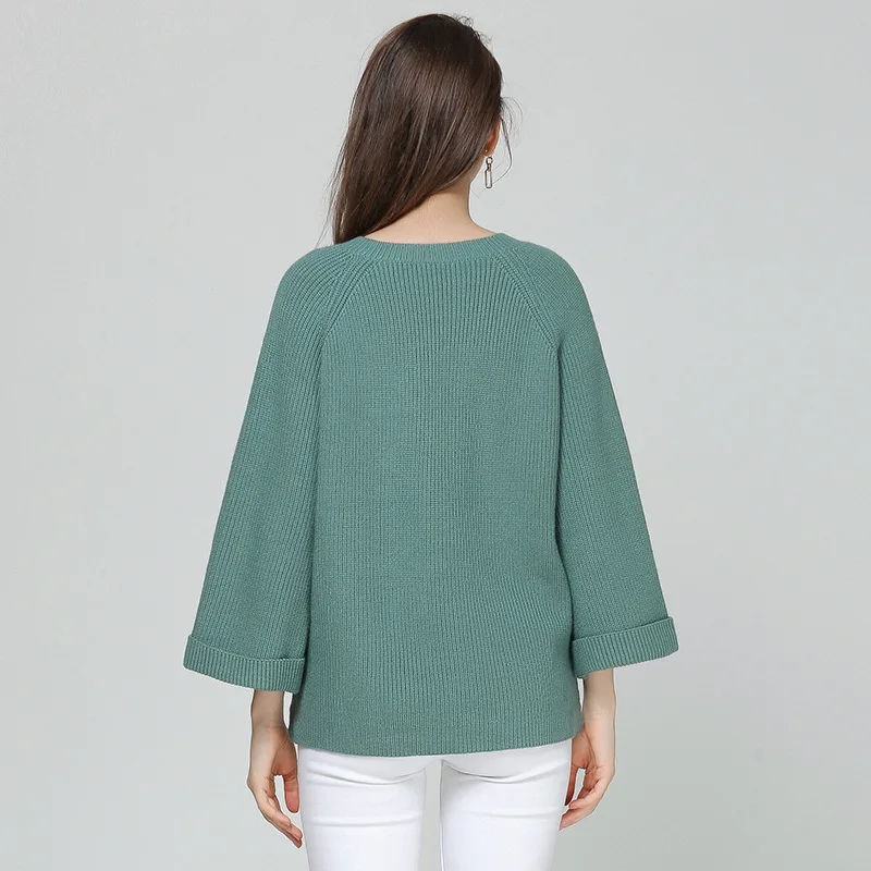 Solid loose v-neck elastic knit sweater 2018 new flare sleeve women autumn basic casual sweater