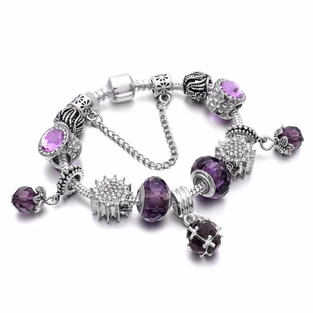 new european antique silver purple rhinestone charm handmade charms