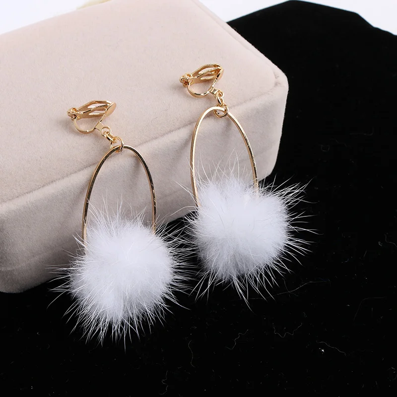 

South Korea Version Elegant Temperament Long Circle Mink Hair Ball Clip on Earrings Without Piercing for Women Girl Prom Party
