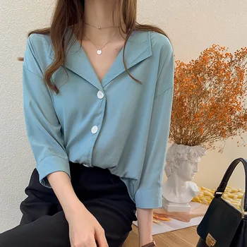 

Women Solid Tops Blouses Buttons Blusa Fashion V Neck Long Sleeve Blouse Shirt Summer Loose Casual Tops