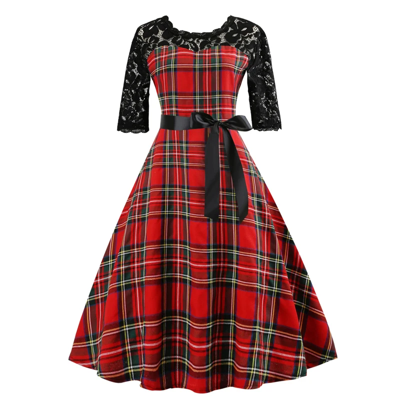 OTEN Tartan одежда для женщин с коротким рукавом кружево лоскутное красный плед gingham Винтаж рокабилли pin up Skater длина до колен Вечерние платья