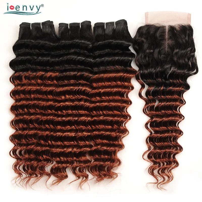 I Envy 3 Бразильские глубокие волнистые пучки с закрытием Омбре коричневые волосы пучки с темными корнями 100% человеческих волос Плетение 1B 33