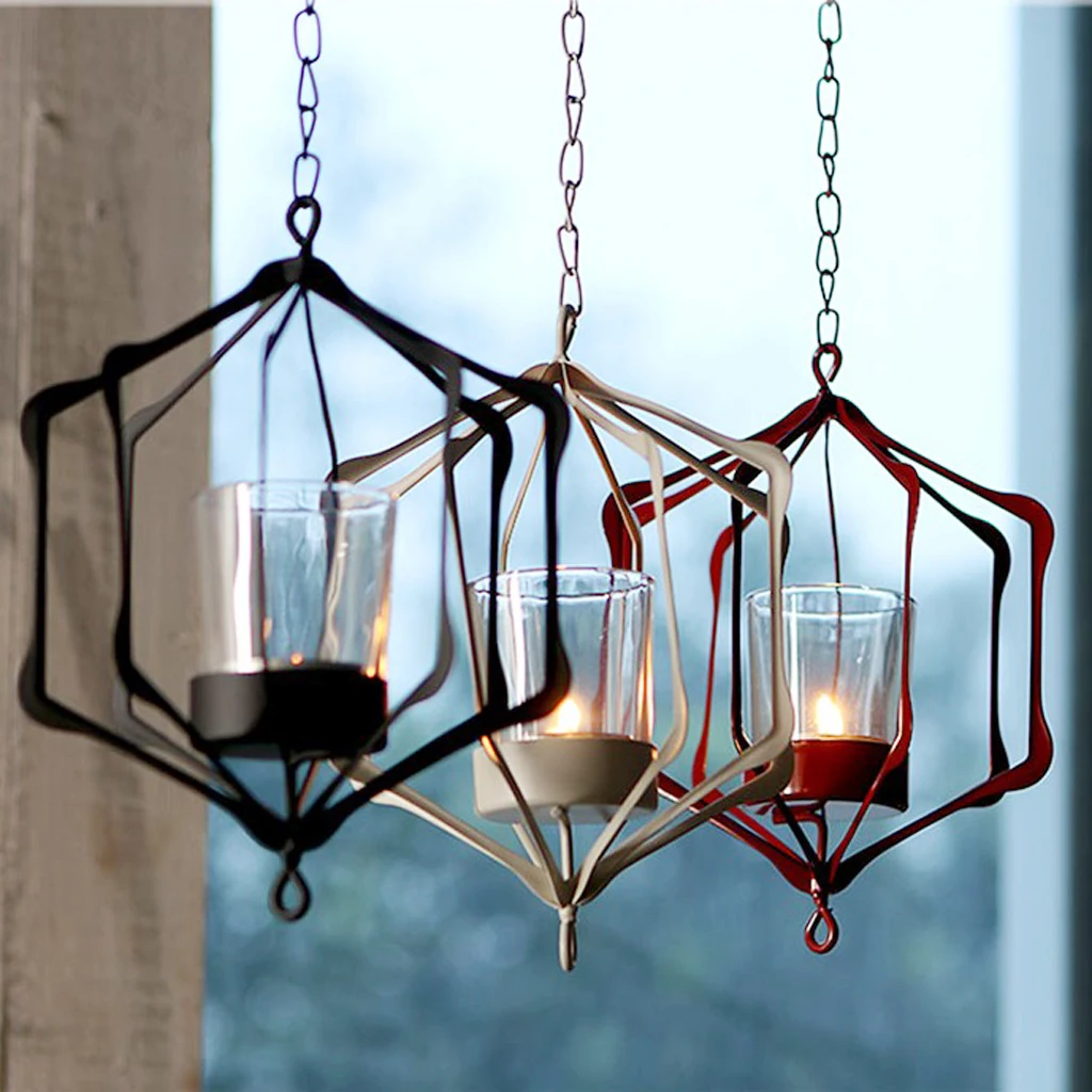 Iron Wire Hanging Moroccan 3D Geometric Tea Light Candle Holder Candlestick Candelabra Mood Light Lantern Case Ornament