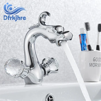 

Dfrkjhre Chrome Basin Bathroom Faucet Anmial Shape Deck Mounted Two Crystal Handles Hot Cold Water Mixer Tap with 8'' cover