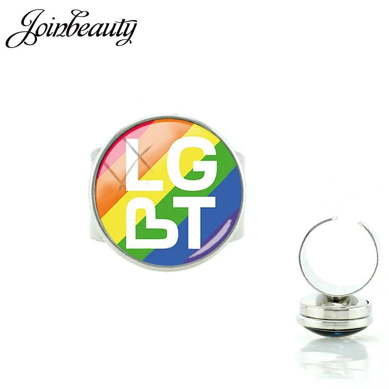 

JOINBEAUTY Gay Pride Rainbow Snap Button Adjustable Size Ring Rainbow LGBT Sign Pattern Glass Cabochon Charm Ring For Women BT53