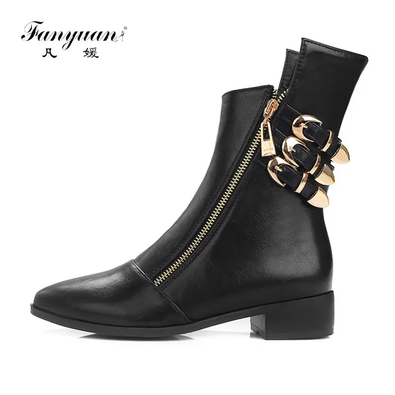 

Fanyuan Women Martin Motorcycle Boots Cool Buckle Zipper Pointed Toe Shoes Woman Chunky Heel Short Ankle Boots Big Size 34-44