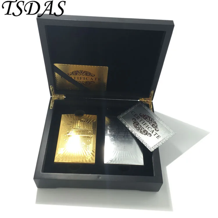 

Luxury New Year Gift 24k Gold Poker Card Gold Plated Golden & Silver 500 Euro, 2pcs Gold Playing Card Pack in Wooden Case