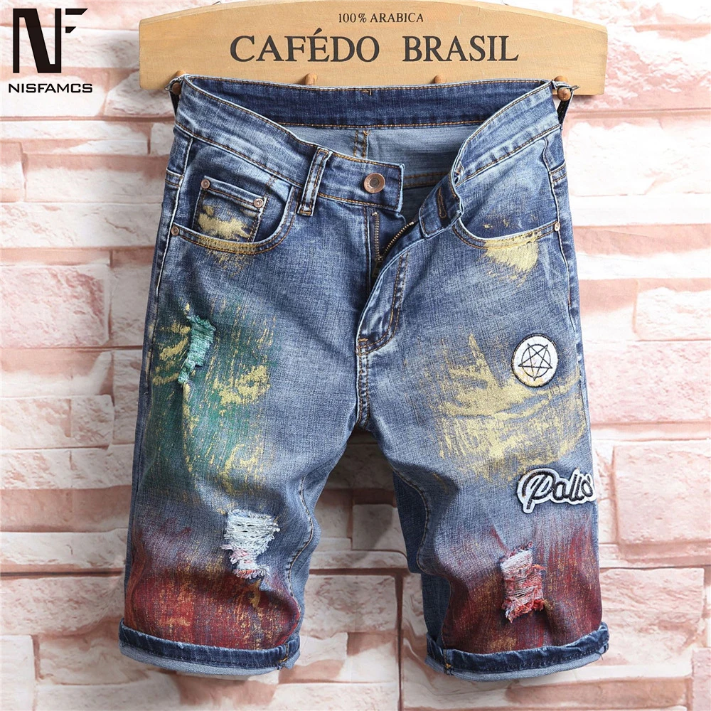 

Colorful Summer Short Jean Men Vintage Patchwork Jeans Casual Holes Decors Hip Hop Streetwear 2019 Novelty Mens Fitness Clothes