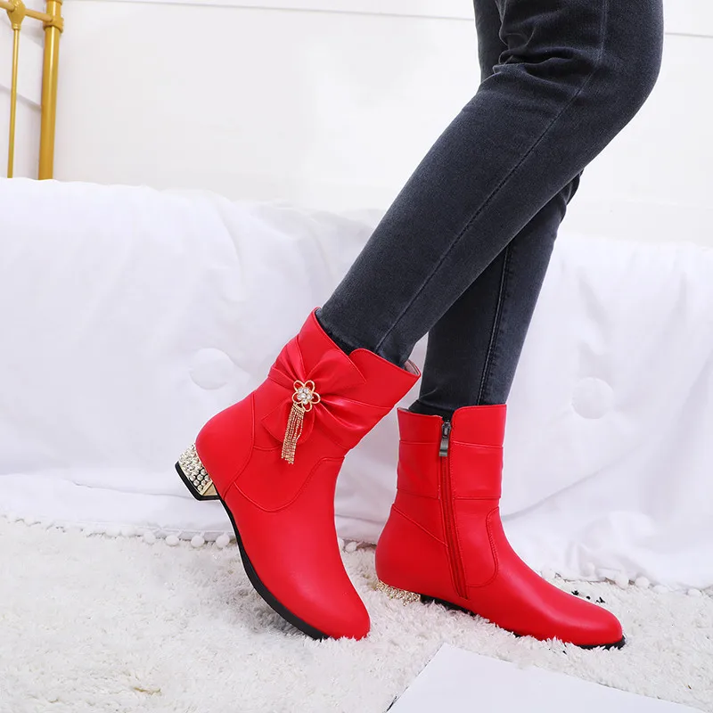 

YMECHIC 2019 Fashion Sweet Cute Ankle Woman Boots Crystal Bowtie Pleated Lolita Shoes Chunky Heels Red Pink Black Boots Winter