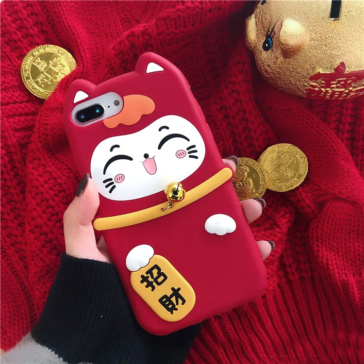 Мягкий чехол для iphone XS max Lucky Cat для iphone 11 pro max XR X 6 7 8 plus Maneki Neko праздничный мягкий чехол для телефона маленький колокольчик - Цвет: Коричневый