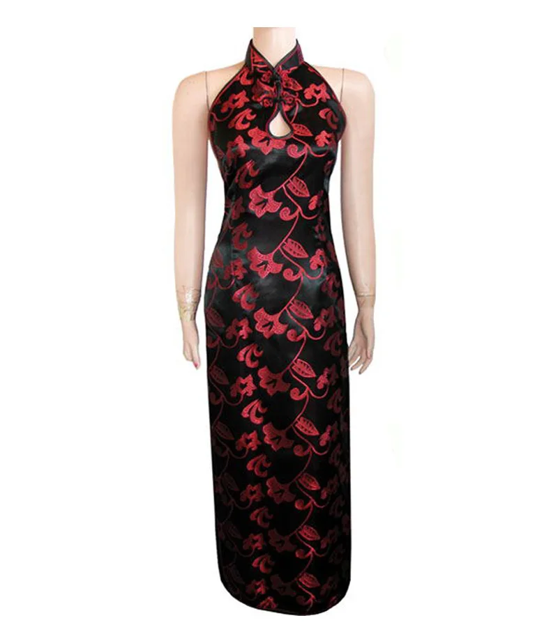 Черный, красный цветочный китайский Для женщин Шелковый Qipao новые летние длинные повод Cheongsam пикантные летние платье с открытой спиной