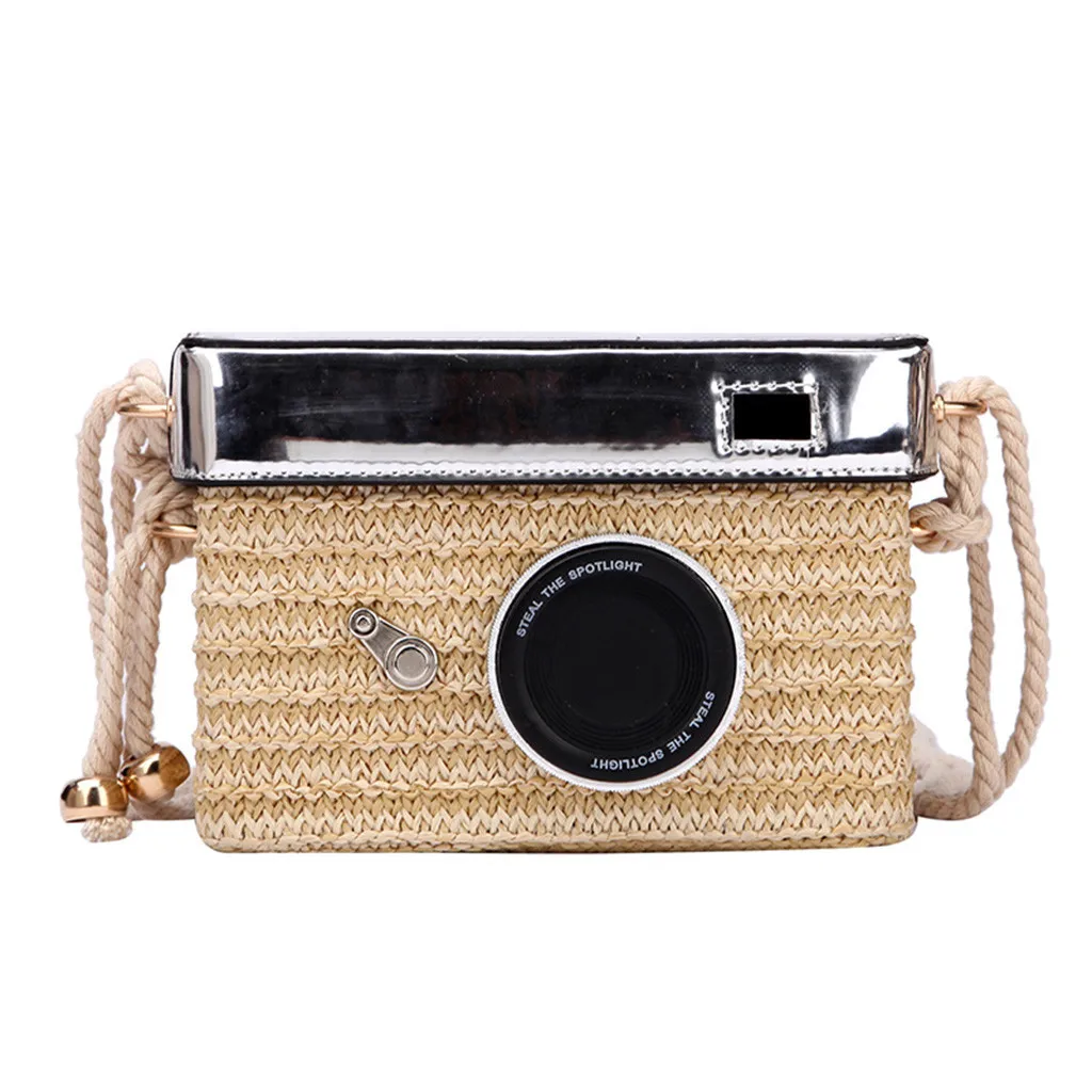 

Women Beach Camera Model Bag Straw Bucket Square Bag Messenger Handbag For Women 2019 Bolso Mujer