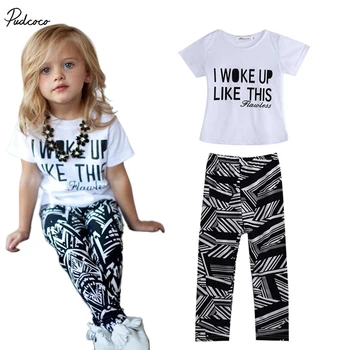 

2019 Baby Girls Zebra-stripe White T-Shirt+Pants Two-pieces Outfits Set 2-9Y