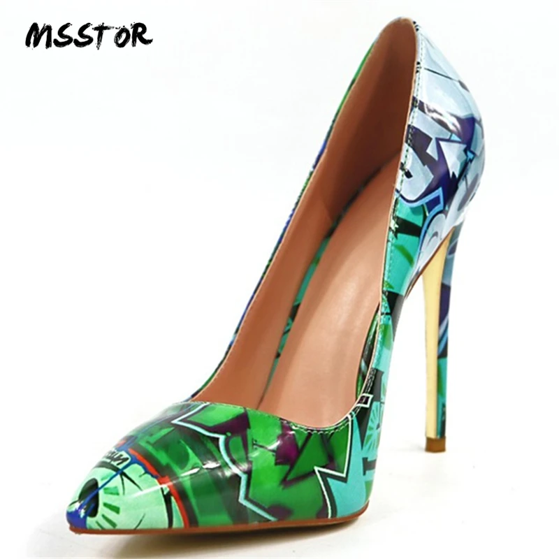 

Msstor Mixed Colors Green Heels For Women Stiletto Pointed Toe Fashion Sexy Pumps Shoes Women Slip-on Thin Heels Ladies Heels