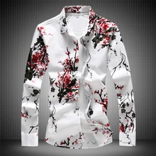 Высокое качество 7XL Красная мужская белая рубашка цвета сливы Новая мода приталенная Мужская рубашка с длинным рукавом Блузка с цветами#7508
