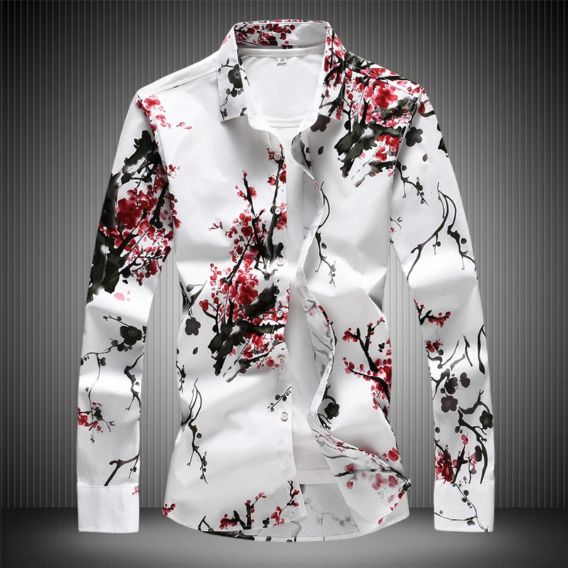 

High Quality 7XL RED Men's Plum Blossom White Shirt 2019 New Fashion slim fit Long Sleeve Men Shirts Flowers Blouse #7508