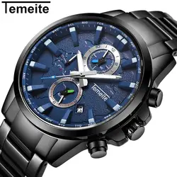 Многофункциональный мужские часы бизнес TEMEITE Брендовые мужские наручные кварцевые нержавеющая сталь Водонепроницаемый человек часы