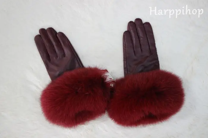Женские новые стильные осенне-зимние высококачественные модные теплые толстые перчатки из мягкой кожи с натуральным лисьим мехом, варежки - Цвет: wine