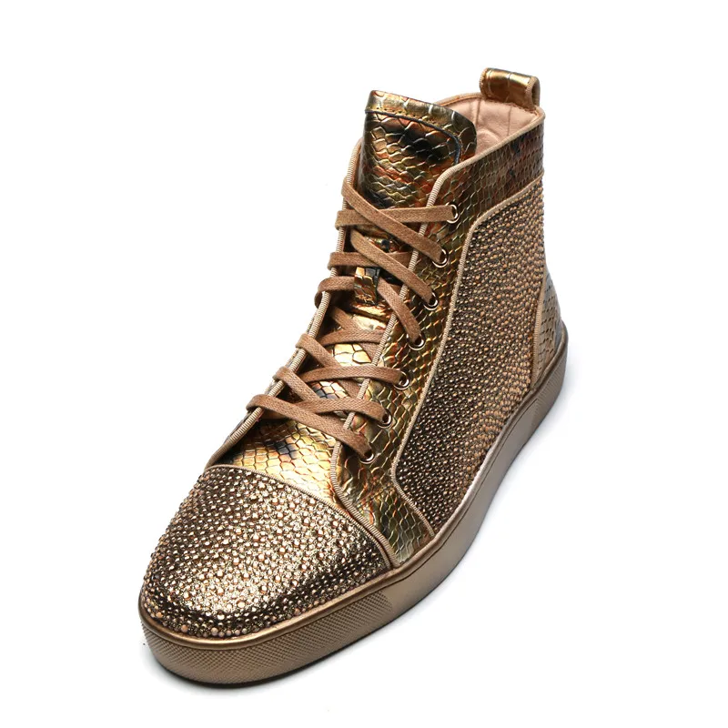 Qianruiti/стразы; обувь с высоким берцем на плоской подошве; мужские кроссовки из золотистого аллигатора на шнуровке; Мужская обувь для подиума; Chaussure Hommes EU39-47