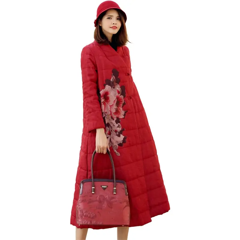 

Chinese style v-neck single breasted print X-long white duck down coats 2018 new women winter thick loose down coats