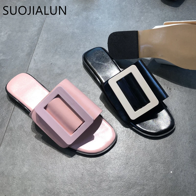 

SUOJIALUNV New Brand 2019 Summer Women Slippers Fashion Buckle Flat Heel Beach Flip Flops Casual Ladies Shoes Outdoor Slides