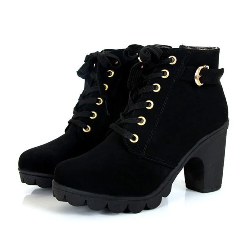 

Hot Fashion Women Fashion Lacing Side zipper Thick crust High-heeled Ankle Boots Black 38